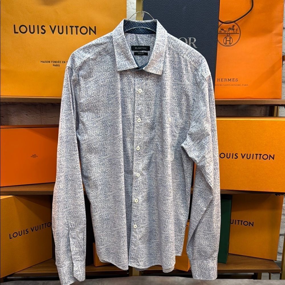 Bugatchi White and Blue Casual Button Down Shirt